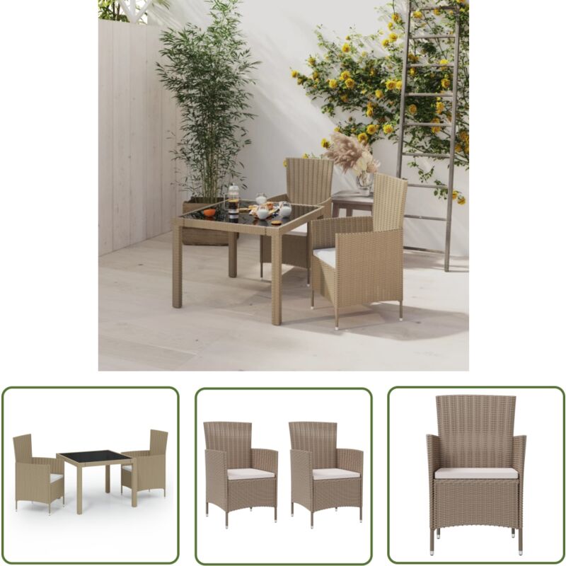 The Living Store Ensemble à manger d'extérieur 3 pcs et coussins Résine tressée - Salon De Jardin - Meuble De Jardin - Set De Salon De Jardin - Table