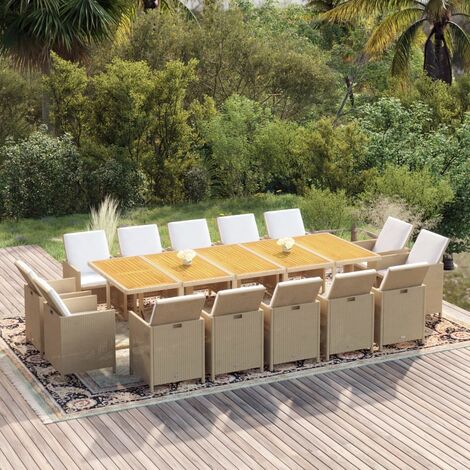 Ensemble à dîner de jardin coussins 15 pcs Résine tressée Beige