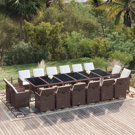 Ensemble à dîner de jardin coussins 17pcs Résine tressée Marron
