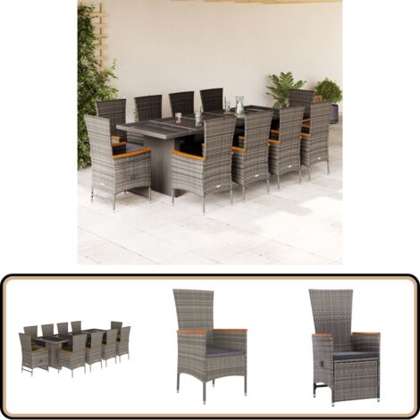 Ensemble à manger de jardin 11pcs avec coussins gris poly rotin - Ensemble Salon De Jardin - Meuble De Jardin - Table De Jardin - Chaises De Jardin - Set De Jardin