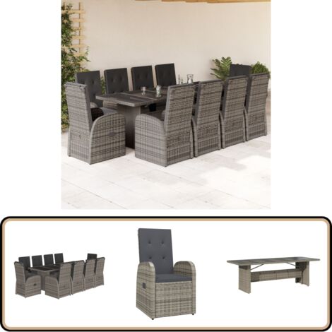 Ensemble à manger de jardin 11pcs avec coussins gris poly rotin - Meubles De Jardin - Salon De Jardin - Set De Jardin - Table De Jardin - Chaises De Jardin