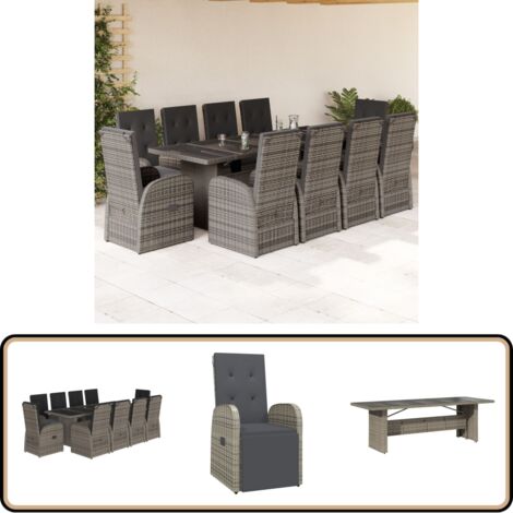 Ensemble à manger de jardin 11pcs avec coussins gris poly rotin - Salon De Jardin - Meuble De Jardin - Set De Jardin - Table De Jardin - Chaises De Jardin