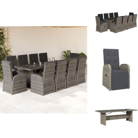 Ensemble à manger de jardin 11pcs avec coussins gris poly rotin - Salon De Jardin - Meuble De Jardin - Set De Jardin - Table De Jardin - Chaises De Jardin