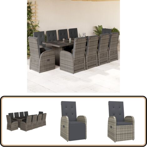 Ensemble à manger de jardin 11pcs avec coussins gris poly rotin - Salon De Jardin - Meuble De Jardin - Set De Salon De Jardin - Table De Jardin - Chaises De Jardin