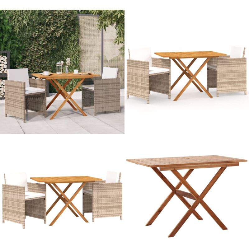Ensemble à manger de jardin 3 pcs avec coussins Beige - Table De Jardin - Salon De Jardin - Meubles De Jardin - Acacia - Set De Table Et Chaises