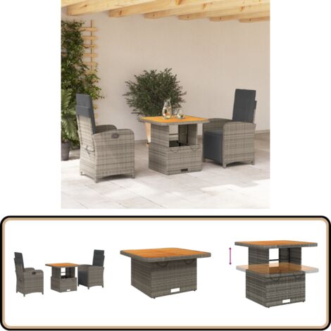 Ensemble à manger de jardin 3 pcs coussins gris résine tressée - Ensemble Salon De Jardin - Meuble De Jardin - Table Extensible - Chaises Pliantes - Fauteuil Inclinable