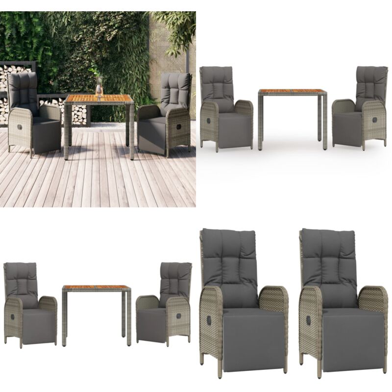 Ensemble à manger de jardin 3 pcs coussins gris résine tressée - Ensemble Salon De Jardin - Mobilier De Jardin - Chaise Inclinable - Table De Jardin