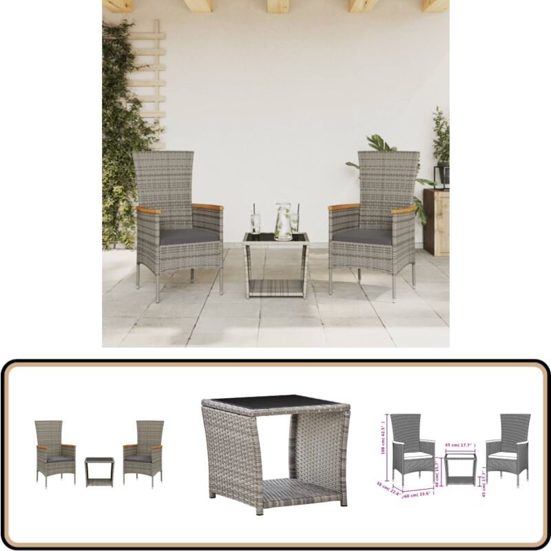 Ensemble à manger de jardin 3 pcs coussins gris résine tressée - Salon De Jardin - Meuble De Jardin - Set De Salon De Jardin - Table De Jardin