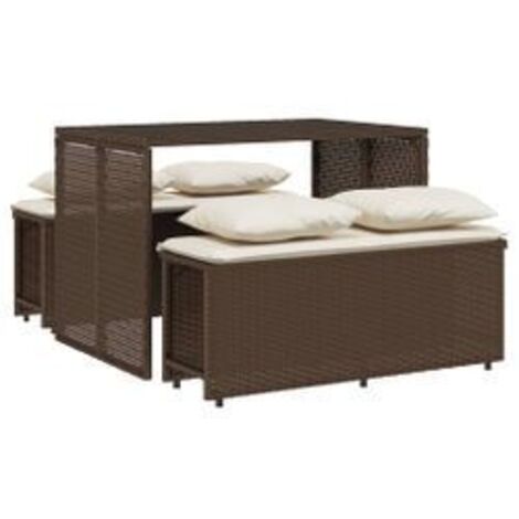 Ensemble à manger de jardin 3 pcs et coussins marron poly rotin