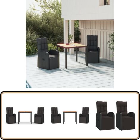 Ensemble à manger de jardin 3 pcs Noir Poly rotin et acacia - Salon De Jardin - Mobilier De Jardin - Set De Salon De Jardin - Fauteuil Inclinable - Table Basse