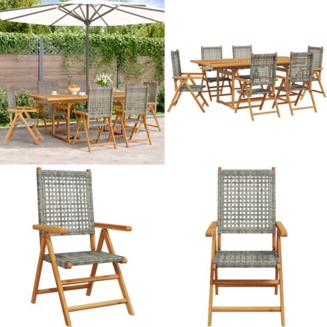Ensemble à manger de jardin 7 pcs gris rotin et bois massif - Salon De Jardin - Mobilier De Jardin - Set De Table Extérieur - Chaise Pliante - Acacia Massif - Home & Living