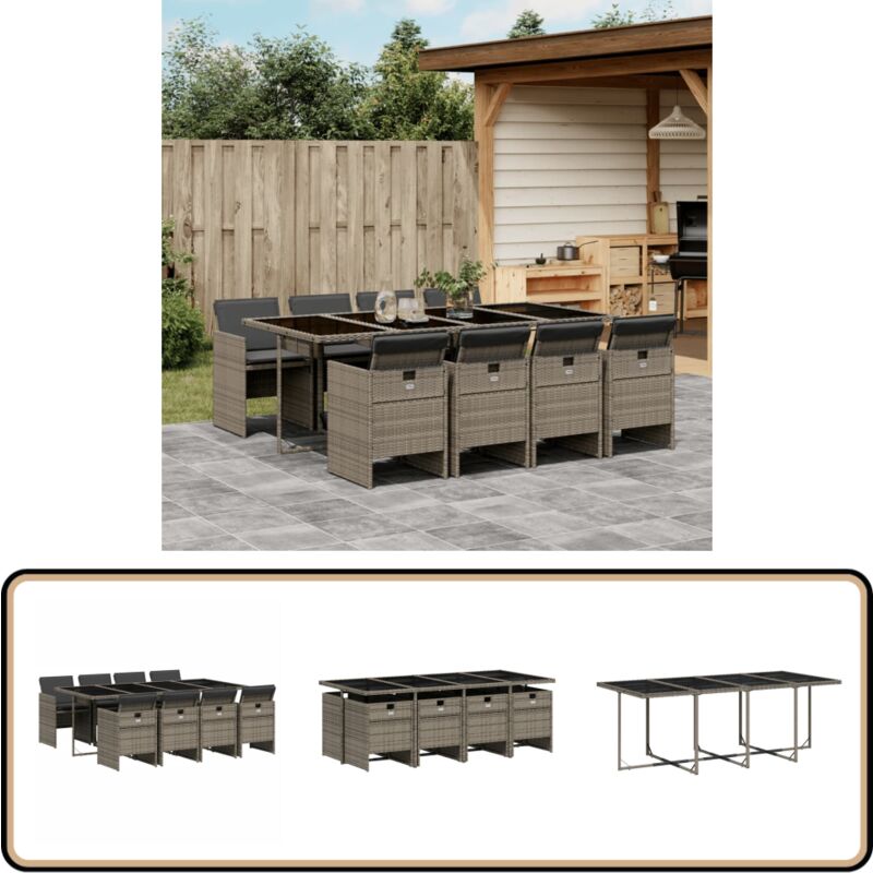 Ensemble à manger de jardin 9 pcs coussins gris résine tressée - Meubles De Jardin - Salon De Jardin - Set De Jardin - Table De Jardin - Chaises De