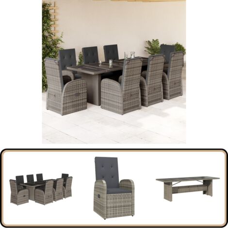 Ensemble à manger de jardin 9 pcs coussins gris résine tressée - Salon De Jardin - Meuble De Jardin - Set De Jardin - Table De Jardin - Chaises De Jardin