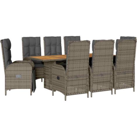 Ensemble à manger de jardin 9 pcs  Mobilier de jardin coussins gris résine tressée
