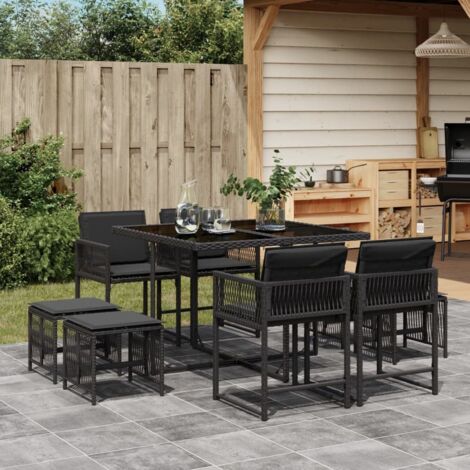 Ensemble à manger de jardin 9 pcs-Salon de jardin-Ensemble repas d'extérieur coussins noir résine tressée 411807