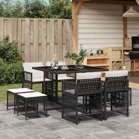 Ensemble à manger de jardin 9 pcs-Salon de jardin-Ensemble repas d'extérieur coussins noir résine tressée 907923