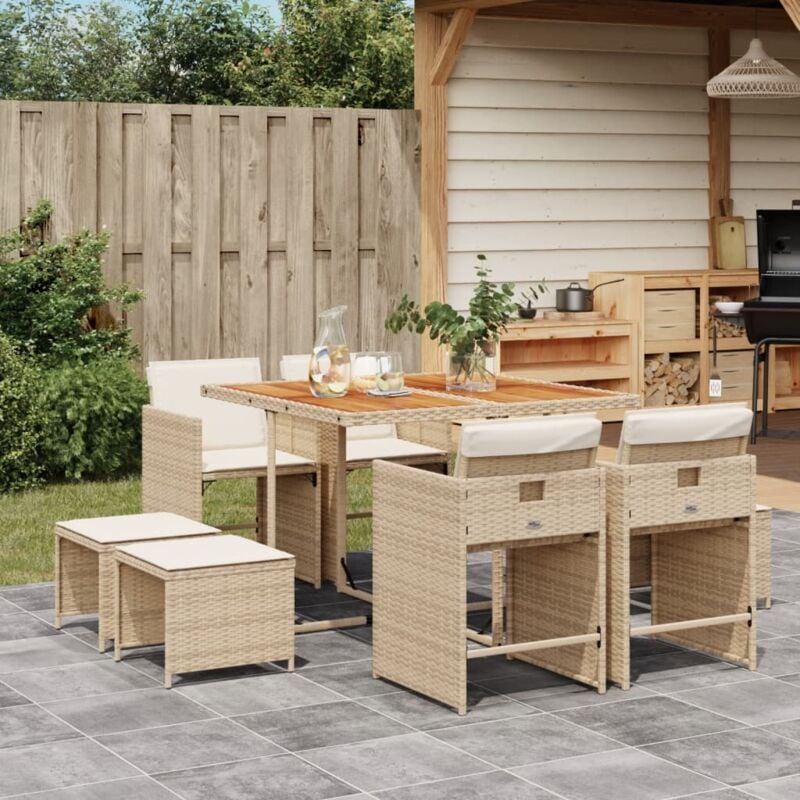 Ensemble à manger de jardin et coussins 9 pcs beige Poly rotin - Vidaxl