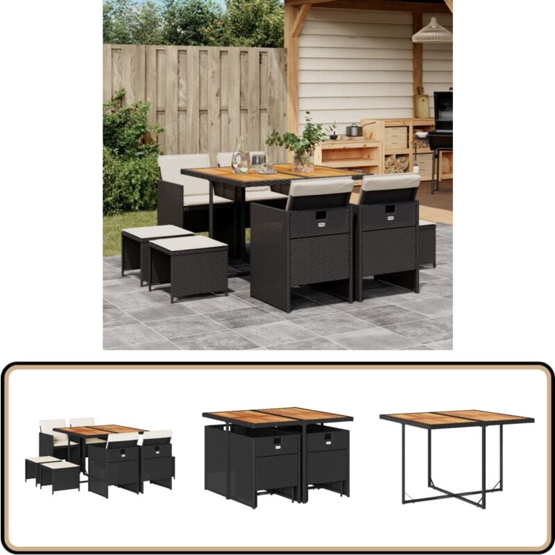 Ensemble à manger de jardin 9pcs coussins noir résine tressée - Ensemble Salon De Jardin - Meuble Extérieur - Jardin - Table Et Chaises - Set De