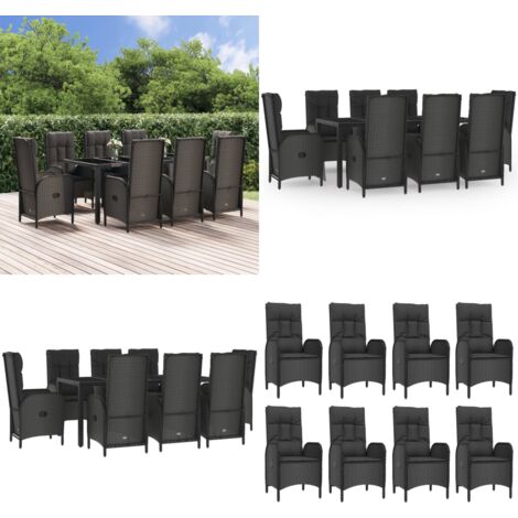 Ensemble à manger de jardin 9pcs et coussins noir et gris - Salon De Jardin - Mobilier De Jardin - Set De Jardin - Table De Jardin - Chaises De Jardin - Home & Living