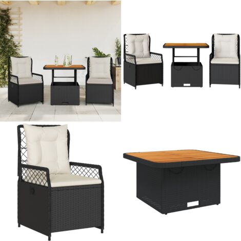 Ensemble à manger de jardin avec coussins 3 pcs Noir - Ensemble Salon De Jardin - Mobilier De Jardin - Table Extensible - Chaises Pliantes - Résine Tressée - Home & Living