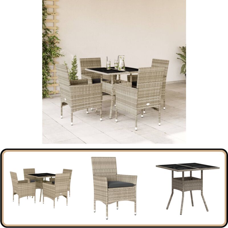 Ensemble à manger de jardin avec coussins 5 pcs rotin et verre - Salon De Jardin - Mobilier De Jardin - Set De Table - Chaises De Jardin - Table Basse