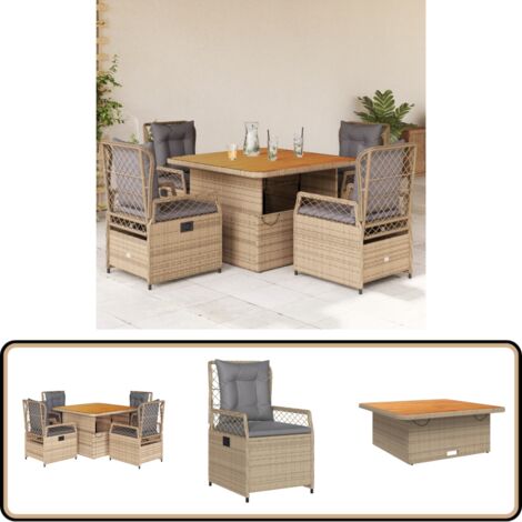 Ensemble à manger de jardin avec coussins 5pcs Beige poly rotin - Ensemble Salon De Jardin - Mobilier De Jardin - Table Extensible - Chaises Pliantes - Résine Tressée
