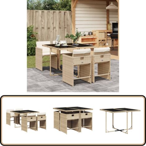 Ensemble à manger de jardin avec coussins 5pcs Beige poly rotin - Salon De Jardin - Meuble De Jardin - Set De Jardin - Table De Jardin - Chaises De Jardin