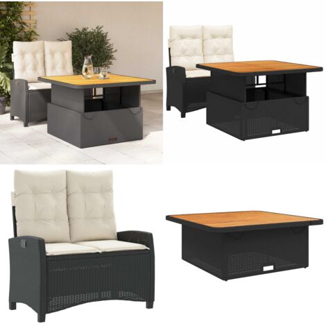 Ensemble à manger de jardin coussins 2pcs noir résine tressée - Banc de jardin - Table de jardin