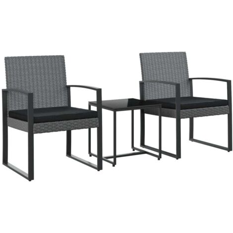 Ensemble à manger de jardin coussins 3 pcs，Salon de jardin gris foncé rotin PP CFW94503