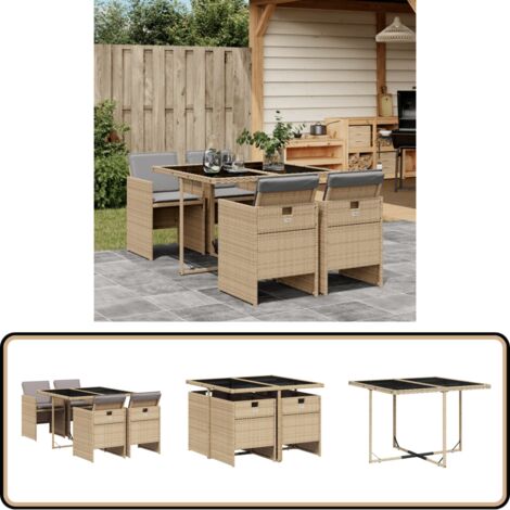 Ensemble à manger de jardin coussins 5 pcs mélange beige rotin - Salon De Jardin - Meuble De Jardin - Set De Salon De Jardin - Mobilier De Jardin - Table De Jardin
