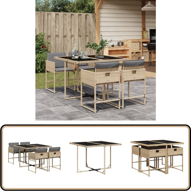 Ensemble à manger de jardin coussins 5 pcs mélange beige rotin - Salon De Jardin - Set De Salon De Jardin - Meuble De Jardin - Table De Jardin