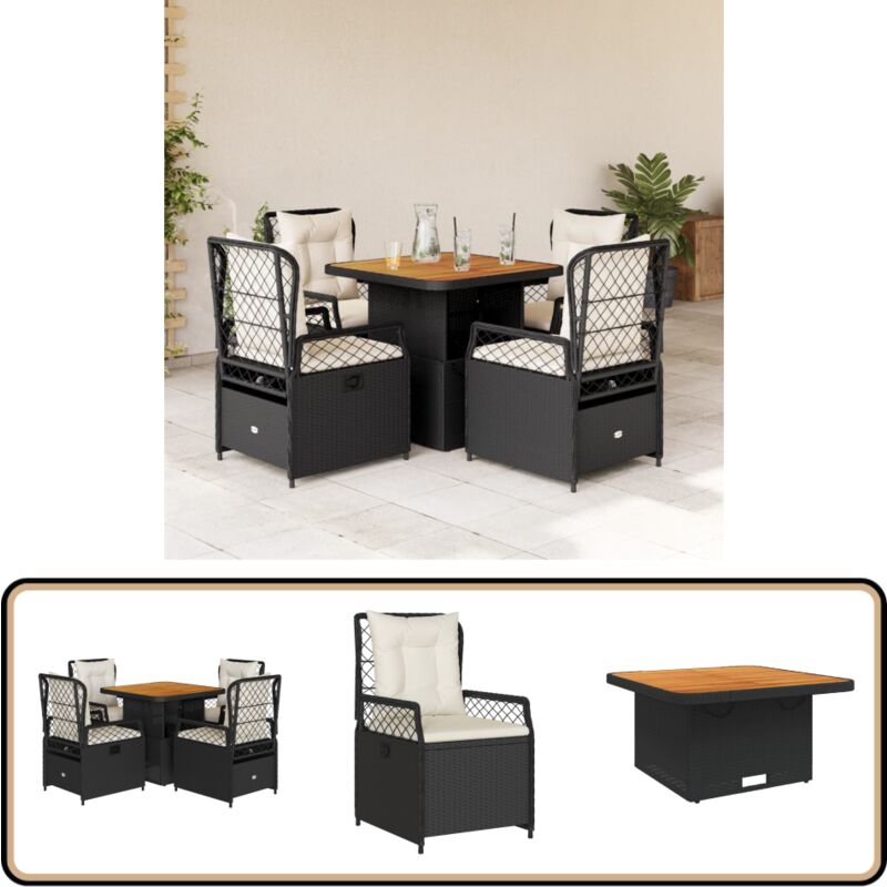 Ensemble à manger de jardin coussins 5pcs Noir Résine tressée - Ensemble Salon De Jardin - Mobilier De Jardin - Table Extensible - Chaises Pliantes