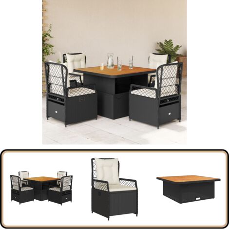 Ensemble à manger de jardin coussins 5pcs Noir Résine tressée - Ensemble Salon De Jardin - Mobilier De Jardin - Table Extensible - Chaises Pliantes - Résine Tressée