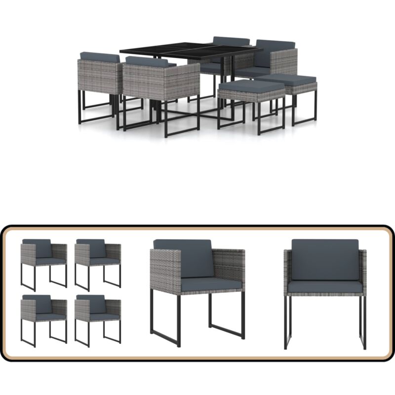 Ensemble à manger de jardin coussins 9pcs Résine tressée Gris - Salon De Jardin - Mobilier De Jardin - Set De Jardin - Table Et Chaises - Ensemble