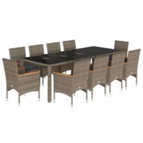 Ensemble à manger de jardin et coussins 11 pcs gris rotin verre