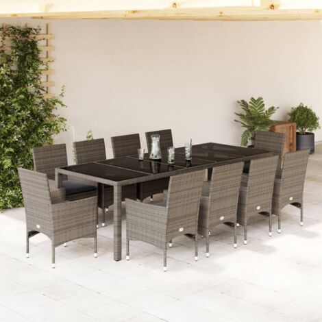 Ensemble à manger de jardin et coussins 11 pcs-Salon de jardin gris rotin verre 531028