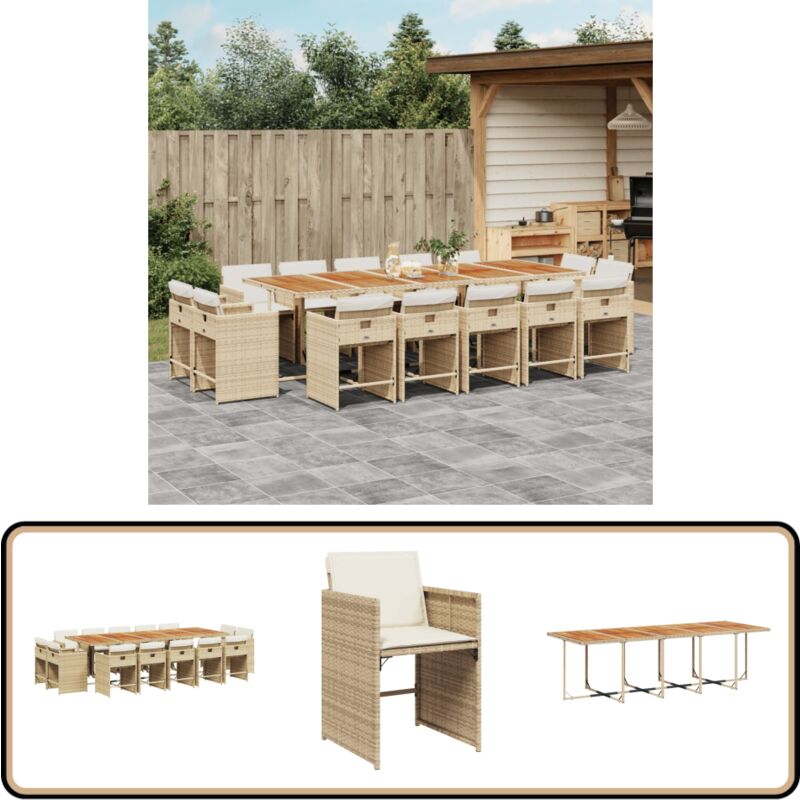 Ensemble à manger de jardin et coussins 15 pcs beige - Salon De Jardin - Meuble De Jardin - Set De Salon De Jardin - Mobilier De Jardin - Table De