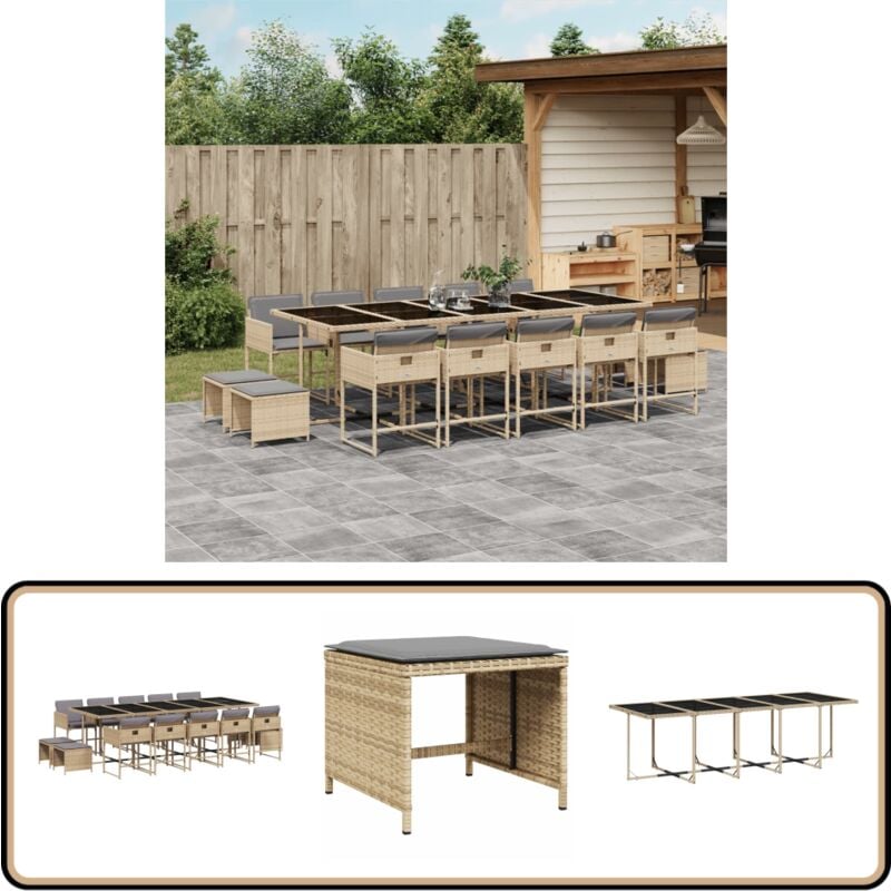 Ensemble à manger de jardin et coussins 15 pcs mélange beige - Ensemble Salon De Jardin - Meuble De Jardin - Résine Tressée - Mobilier D'extérieur