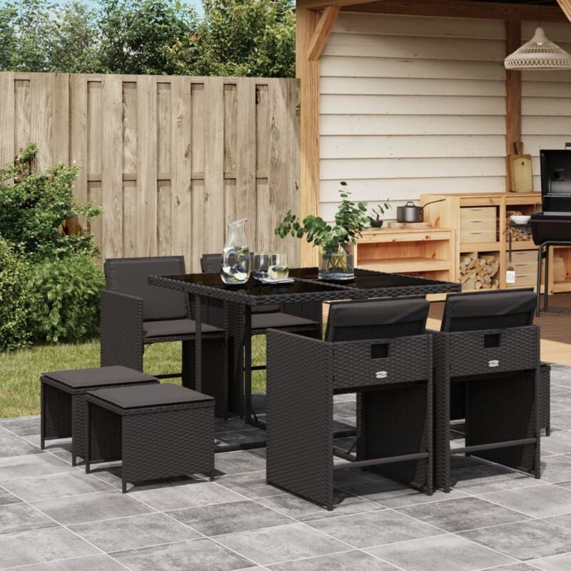 Ensemble à manger de jardin 9pcs coussins noir résine tressée - Vidaxl