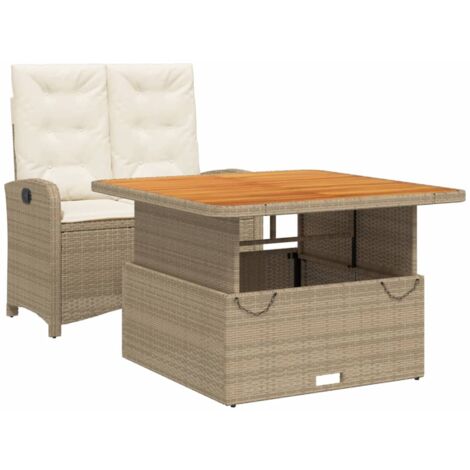 Ensemble à manger de jardin et coussins 2 pcs beige poly rotin