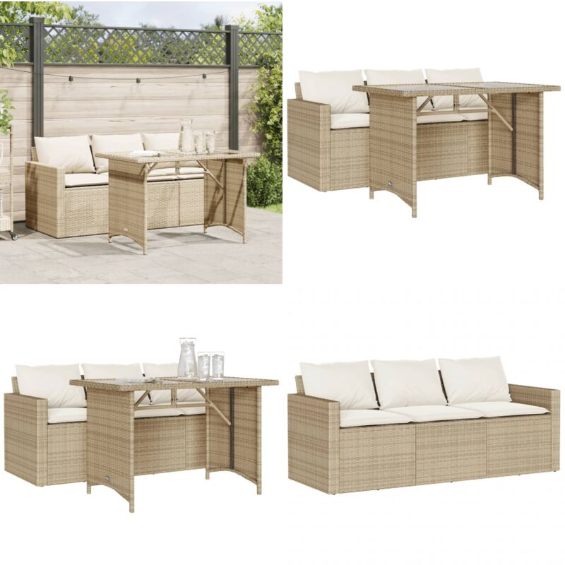 Ensemble à manger de jardin et coussins 2 pcs beige poly rotin - Salon De Jardin - Mobilier De Jardin - Set De Salon De Jardin - Table De Jardin
