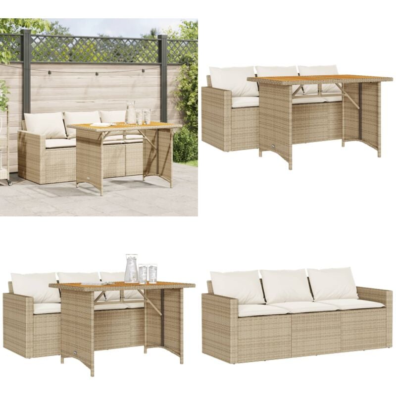 Ensemble à manger de jardin et coussins 2 pcs beige poly rotin - Salon De Jardin - Mobilier De Jardin - Set De Salon De Jardin - Table De Jardin