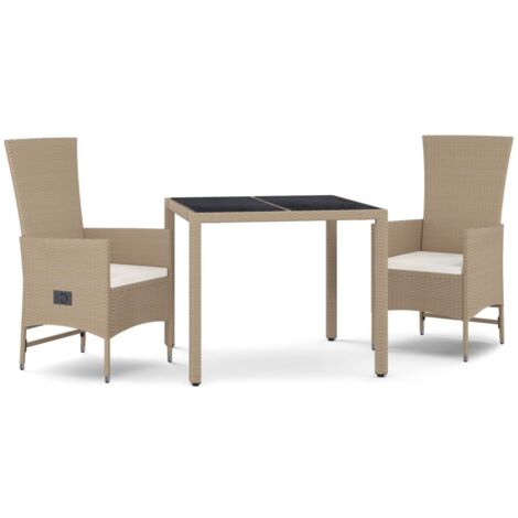 Ensemble à manger de jardin et coussins 3 pcs Beige poly rotin