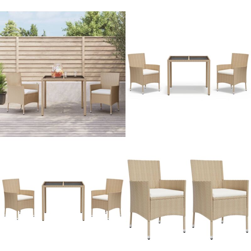 Ensemble à manger de jardin et coussins 3 pcs Beige poly rotin - Salon De Jardin - Mobilier De Jardin - Set De Jardin - Table De Jardin - Chaises De