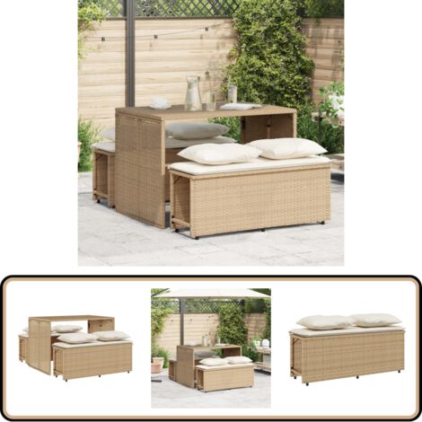 Ensemble à manger de jardin et coussins 3 pcs Beige poly rotin - Meubles De Jardin - Salon De Jardin - Set De Jardin - Table De Jardin - Bancs De Jardin
