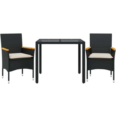 Ensemble à manger de jardin et coussins 3 pcs  Mobilier de jardin noir rotin verre