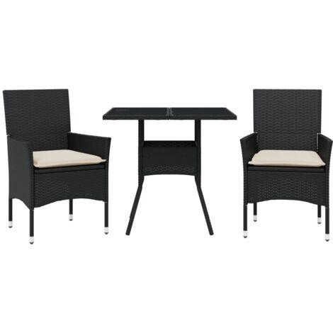 Ensemble à manger de jardin et coussins 3 pcs  Mobilier de jardin noir rotin verre