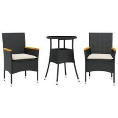 Ensemble à manger de jardin et coussins 3 pcs noir rotin verre