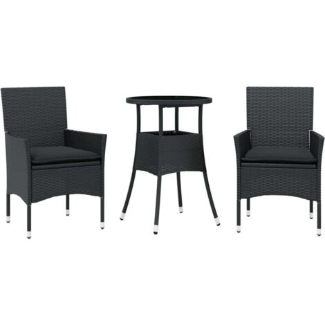 Ensemble à manger de jardin et coussins 3 pcs noir rotin verre