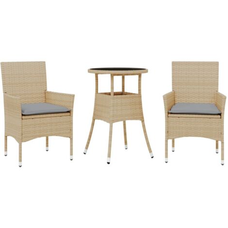 Ensemble à manger de jardin et coussins 3 pcs，Salon de jardin beige rotin verre CFW30520